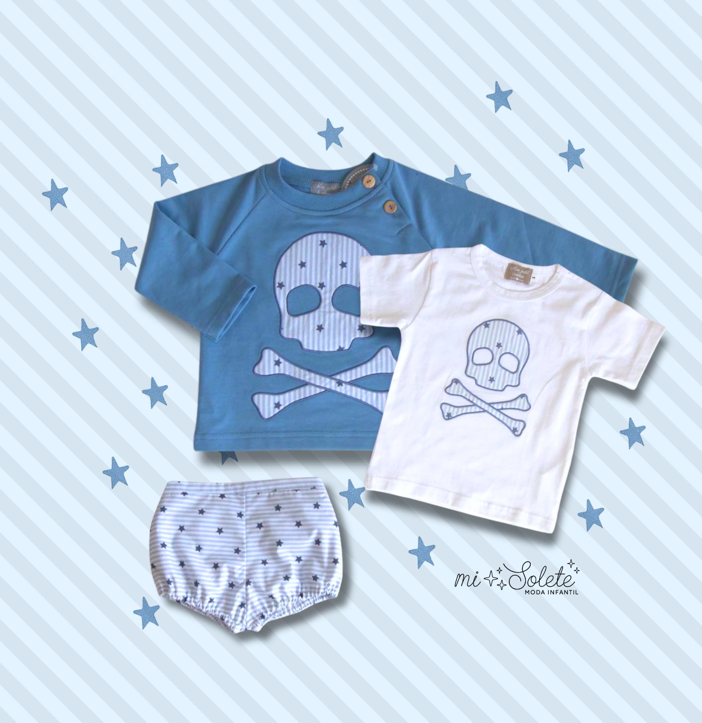 Conjunto calavera y estrellas