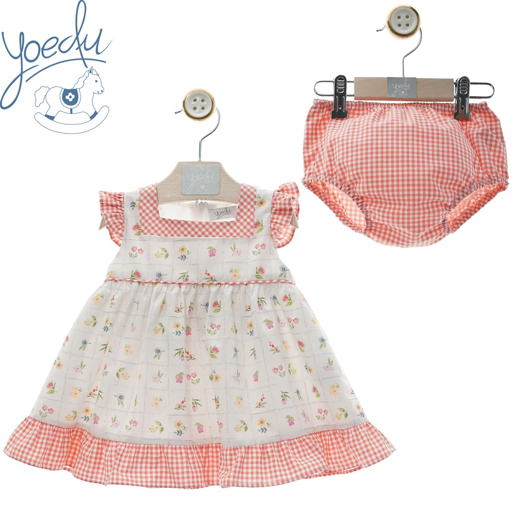 VESTIDO CON BRAGUITA VICHY CORAL Y FLORES