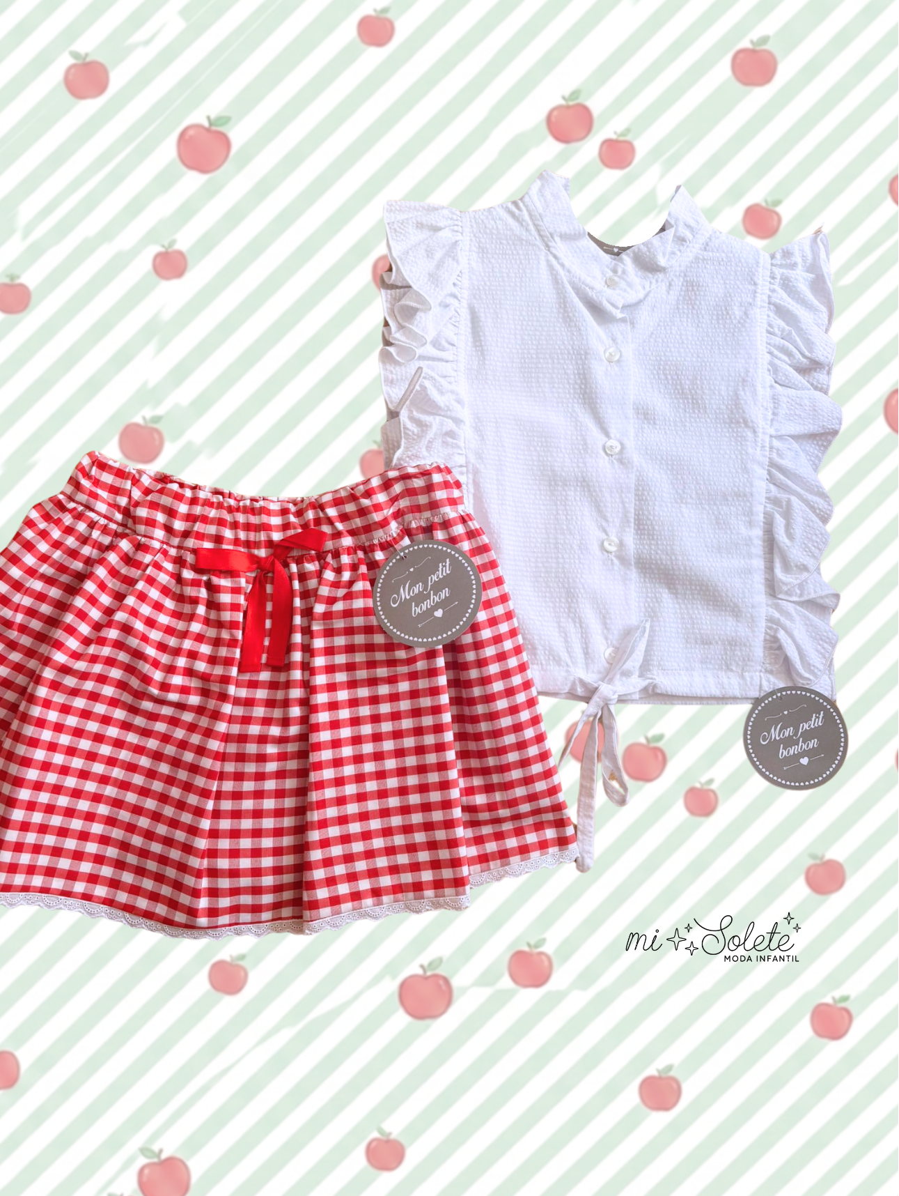 Conjunto blusa blanca con falda vichy